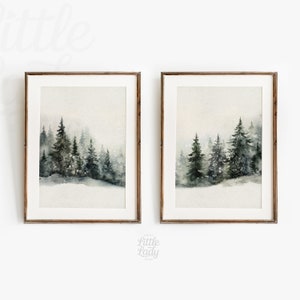 Set of 2 Winter Pine Forest Watercolour Paintings, Rustic Christmas Printable Wall Art, Christmas Decor, Snowy Trees Landscape Print | 2303