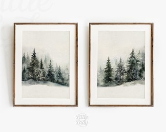 Set of 2 Winter Pine Forest Watercolour Paintings, Rustic Christmas Printable Wall Art, Christmas Decor, Snowy Trees Landscape Print | 2303