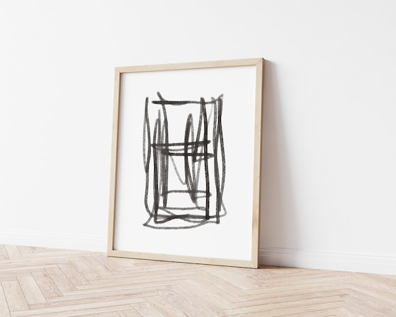Black And White Minimalist Line Art, Modern Printable Wall Art, Instant Download, Large entryway decor, Scribble print, contemporary living