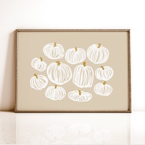 Neutral Halloween Pumpkin Print, Fall Printable Wall Art, Beige Fall Decor, Hand Drawn White Pumpkin Painting, Modern Halloween Decoration