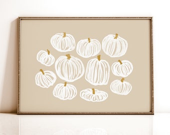 Impresión de calabaza de Halloween neutral, arte de pared imprimible de otoño, decoración de otoño beige, pintura de calabaza blanca dibujada a mano, decoración moderna de Halloween