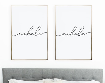 inhale exhale print, bedroom decor, bedroom wall art, inhale exhale poster, large wall art, yoga print, set of two prints, bathroom wall art