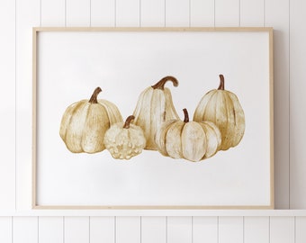 Pintura de calabaza blanca, decoración de otoño de calabaza, arte de pared imprimible de calabaza, impresión de calabaza, impresión de otoño rústico, arte de pared de otoño neutral