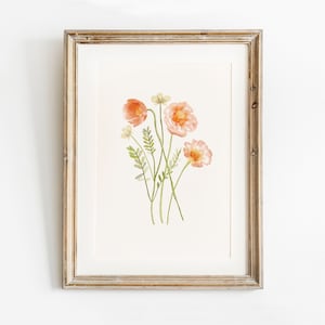 Arte de pared imprimible de flores, estampado floral de estilo vintage, estampado botánico, pintura de flores silvestres de amapola rosa acuarela, decoración de pared de vivero de niñas