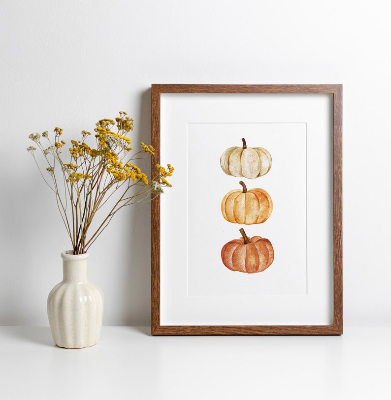 Pumpkin Print Fall Decor, Pumpkin Printable Wall Art, Pumpkin Watercolour Painting, Fall wall art, Rustic fall Print, Fall Farmhouse image 3