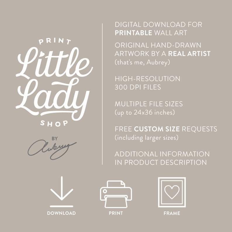 Pode incluir: An&uacute;ncio de download digital de arte de parede imprim&iacute;vel. A imagem apresenta o texto "Print Little Lady Shop" em uma fonte estilizada. Detalhes que incluem v&aacute;rios tamanhos de arquivo at&eacute; 61x91 cm. &Iacute;cones de download, impress&atilde;o e moldura.
