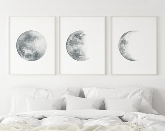 Mondphasen Print Set, Grauer Mond Poster, Set von drei Drucken, Mond Aquarell Malerei, druckbare Kunst, Mondphase Wandkunst