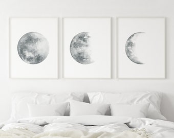 Moon Phases Print Set, Grey Moon Poster, Set of three prints, Moon Watercolor Painting, Printable Art, Moon Phase Wall Art