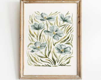 Blue Wildflower Painting, Spring Print, Floral Printable Wall Art, Botanical Watercolour painting, Easter Decorations, Plant Print