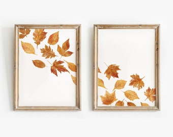 Set of two Fall Prints, Autumn Printable Wall Art, Warm Orange Rustic Fall Decor, Falling Leaf Watercolour painting, Hand-Drawn Fall Art