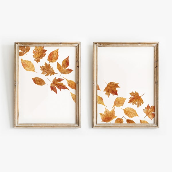 Set of two Fall Prints, Autumn Printable Wall Art, Warm Orange Rustic Fall Decor, Falling Leaf Watercolour painting, Hand-Drawn Fall Art