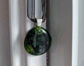 Green Swirl Fused Glass Pendant with Ribbon Necklace