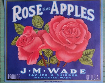 Rose Brand Apples Pink Roses set Wenache WA for the Lady 1940s Agricultural Art & Lady of the Lake Bartlett Pears California