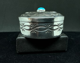 Navajo Stamped Sterling Silver with Turquoise Pill Box MARKED