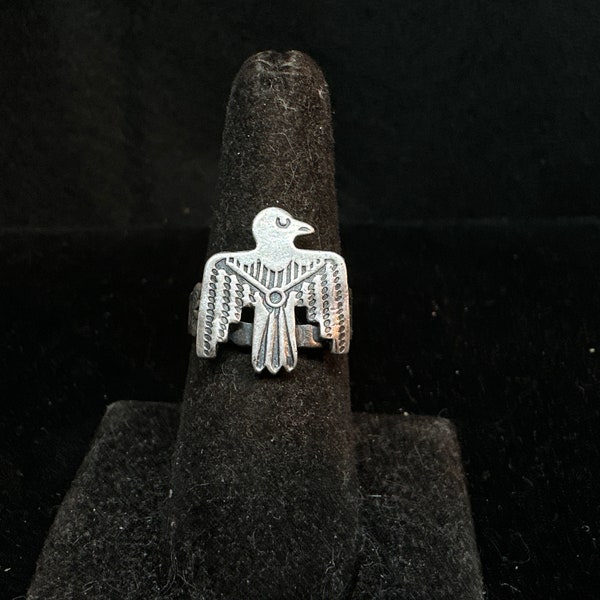 Vintage Old Pawn Fred Harvey Era Stamped Sterling Silver Thunderbird Ring Size 8 1/2 ADJUSTABLE