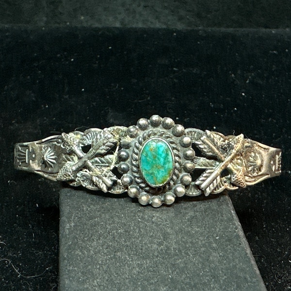 Vintage Old Pawn Fred Harvey Era Stamped Sterling Silver Turquoise with Crossed Arrows Bracelet Cuff MARKED Size 6 1/4