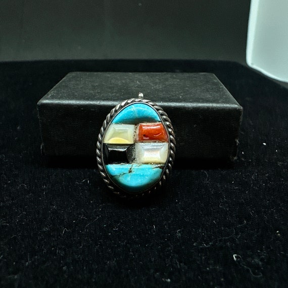 Vintage Old Pawn Zuni Turquoise Red Coral Onyx an… - image 1