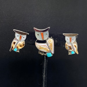 RARE   Zuni Sterling Silver with Turquoise Shell Onyx and Red Coral Channel Inlay Owl Pendant/Pin Clip on Earrings Set MARKED