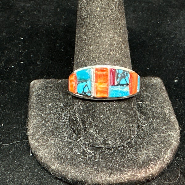 Navajo Sterling Silver with Turquoise Spiney Oyster Shell Red Coral Cobblestone Inlay Ring MARKED Size 9 1/2
