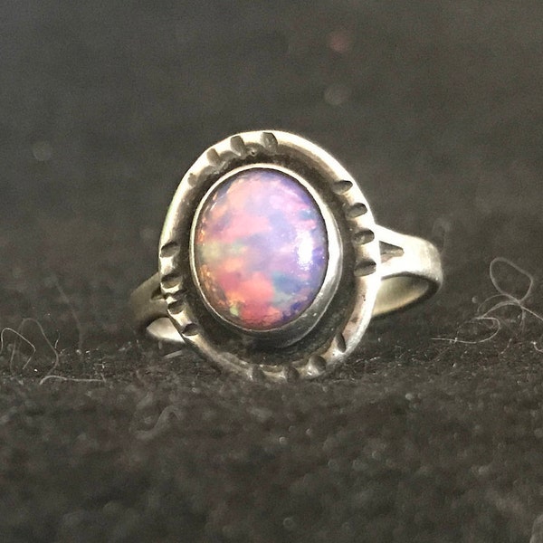 Vintage Navajo Sterling Silver and Purple Fire Opal Ring Marked and SIgned Size 8 1/2