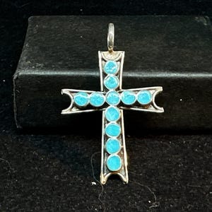 Zuni Sterling Silver with Sleeping Beauty Turquoise Inlay Cross Pendant MARKED