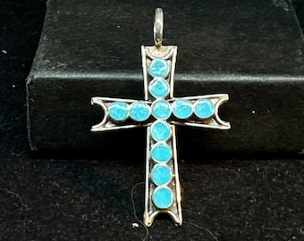 Zuni Sterling Silber mit Sleeping Beauty Türkis Inlay Kreuz Anhänger MARKIERT