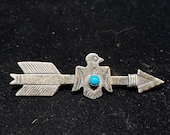 Vintage Old Pawn Fred Harvey Era Stamped Sterling Silver with Snake Eye Setting Turquoise Thunderbird Arrow Brooch Pin MARKED