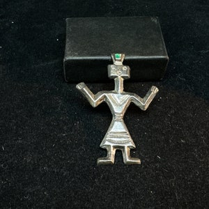 Stamped Sandcast Sterling Silver Kachina with Turquoise Inlay Pin Brooch