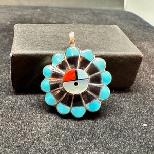 Zuni Sterling Silver with Turquoise Red Coral Onyx and Mother of Pearl Cobblestone Inlay Sunface Tawa Pendant MARKED