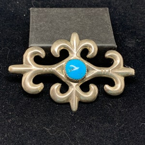 Sand Cast Sterling Silver and Turquoise Brooch Pin MARKED