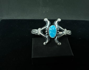 SIZE 6 Navajo Sandcast Sterling Silver with Turquoise Bracelet Cuff