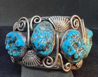 Brazalete ENORME de pepitas de turquesa y plata esterlina Navajo de tamaño 7 7/8 MARCADO