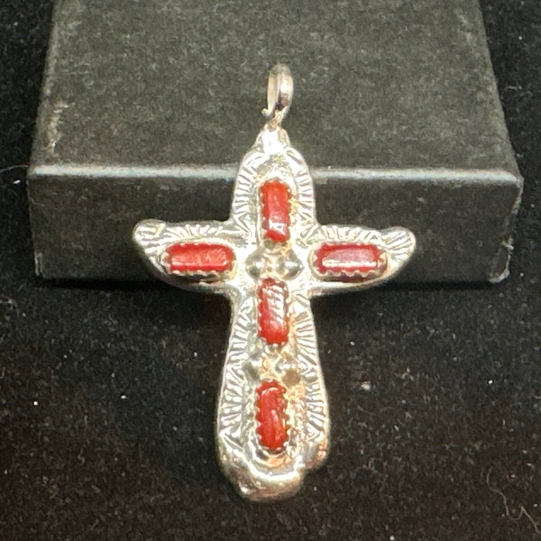 Vintage Zuni Sandcast Stamped Sterling Silver with Red Coral Cross Pendant MARKED