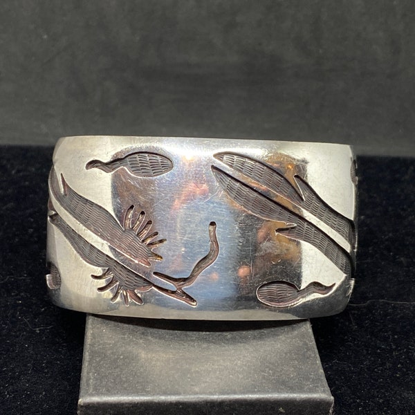 Vintage Old Pawn Hopi Sterling Silver Overly Eagle Feather and Tadpole Bracelet Cuff MARKED Size 7 1/2