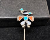 Vintage Old Pawn Sterling Silver with Turquoise Mother of Pearl Onyx Red Coral Channel Inlay Thunderbird Stick Pin