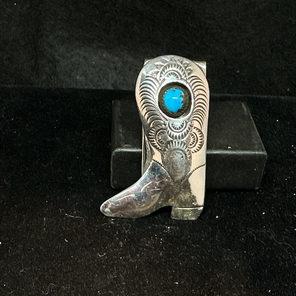 Vintage Navajo Sterling Silver Shadow Box Turquoise Boot Money Clip MARKED