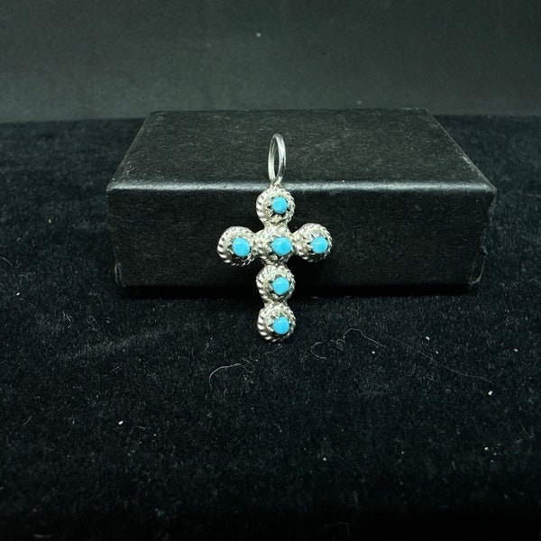Zuni Sterling Silver with Sleeping Beauty Snake Eye Setting Turquoise Cross Pendant MARKED
