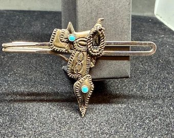 Vintage Fred Harvey Era Sterling Silver with Turquoise Saddle Tie Clip MARKED