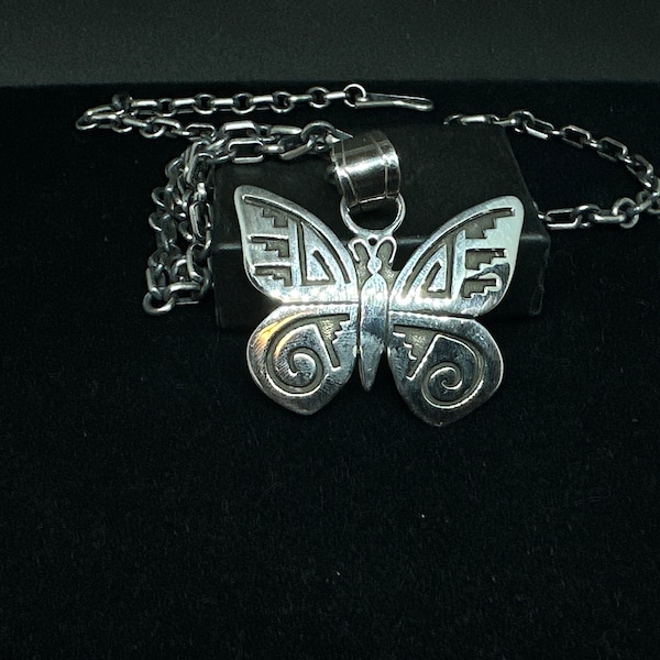 Navajo Sterling Silver Overlay Butterfly Pendant on a Handmade 24 inch Sterling Silver Chain MARKED