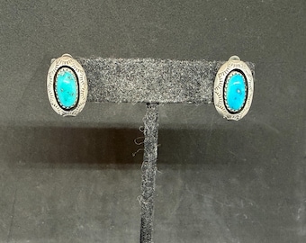 Vintage Navajo Sterling Silver and Kingman Turquoise Shadow Box Clip On Earrings MARKED