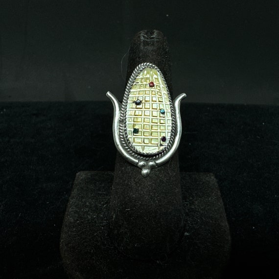 Zuni Corn Maize Sterling Silver Inlay Ring, Size 8.5