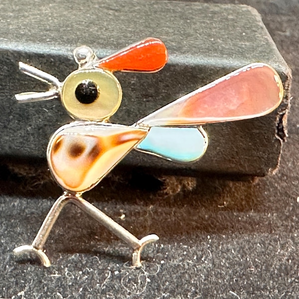 Zuni Sterling Silver with Turquoise Onyx Red Coral Shell and Mother of Pearl Channel Inlay Roadrunner Pin Pendant MARKED