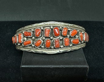 SIZE 6 1/2   Navajo Sterling Silver with Red Branch Coral Bracelet Cuff MARKED