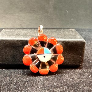 Zuni Sterling Silver with Red Coral Turquoise Onyx and Mother of Pearl Channel Inlay Tawa Sunface Pendant MARKED