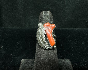 Vintage Old Pawn Sterling Silver and Red Branch Coral Squash Ring Size 5 1/4