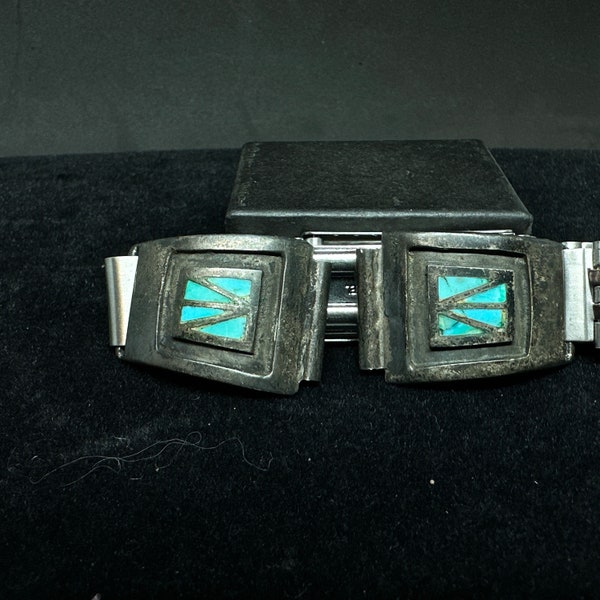 Vintage Old Pawn Sterling Silver with Turquoise Inlay Watch Tips on Adjustable Stainless Steel Band