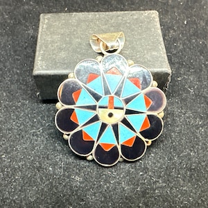 Zuni Sterling Silver with Turquoise Mother of Pearl Red Coral and Onyx Channel Inlay Sunface Tawa Pendant MARKED
