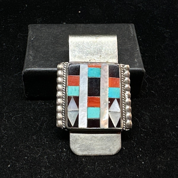 Vintage Old Pawn Sterling Silver with Turquoise Mother of Pearl Onyx Spiney Oyster Shell Channel Inlay Money Clip