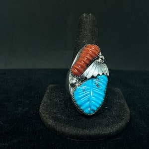 SIZE 12 1/4 Zuni Sterling Silver with Turquoise and Red Coral Ring MARKED