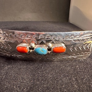 Pasador para el cabello de plata esterlina con sello navajo, turquesa y coral rojo MARCADO